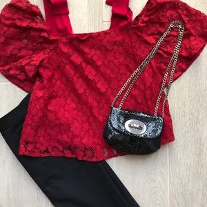 Anthropologie Off Shoulder Red Lace Top Sz XS